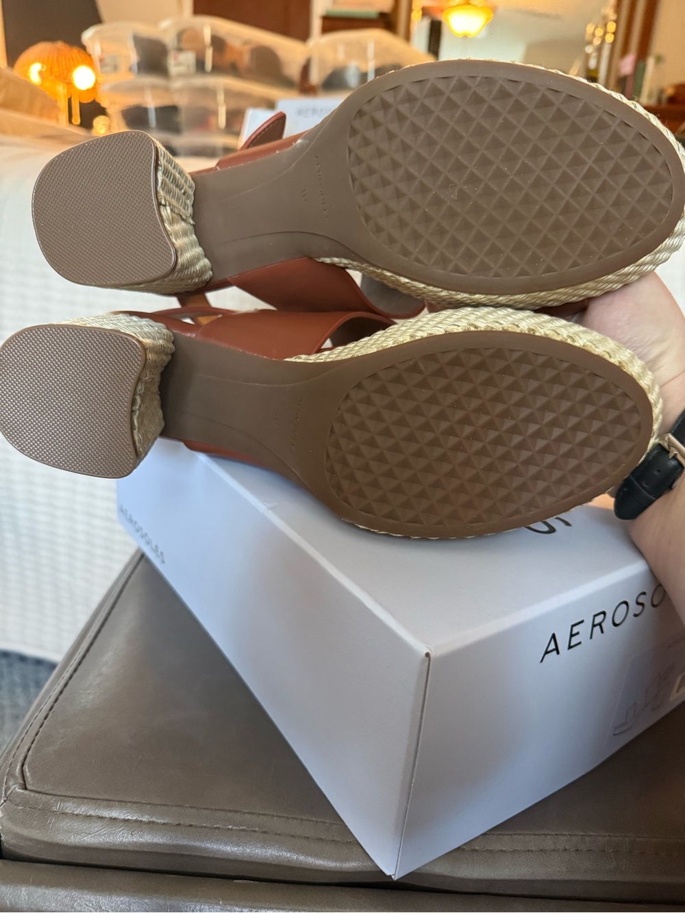 AEROSOLES Camera Gingerbread Brown Leather Woven Platform Sandals - Picture 5 of 7